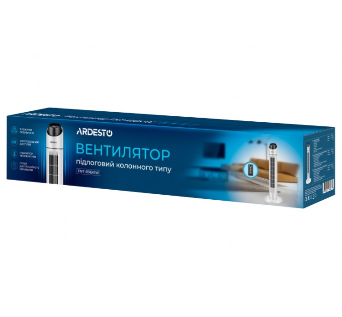 Вентилятор ARDESTO FNT-R36X1W колонний, 90см, 50Вт, пульт ДК, дисплей, чорно-білий